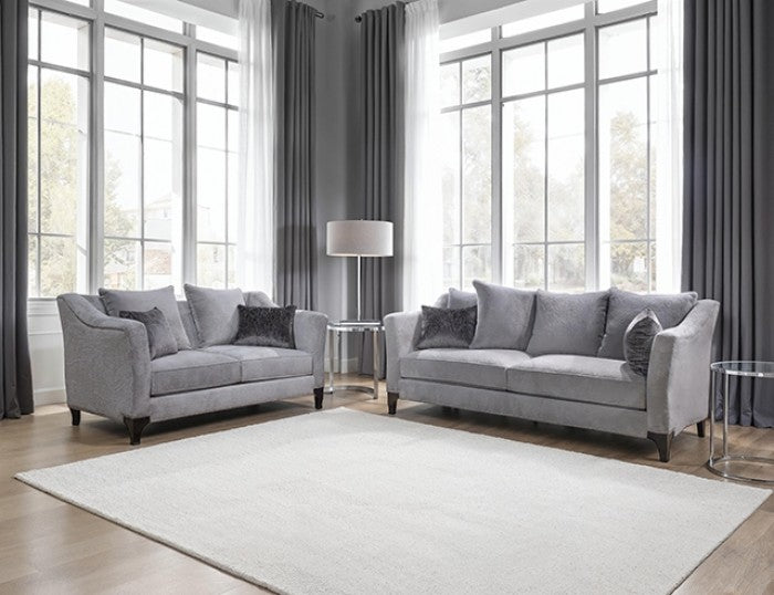SM2294LG 2 pc Gosen light grey fabric sofa and love seat set flared arms nail head trim