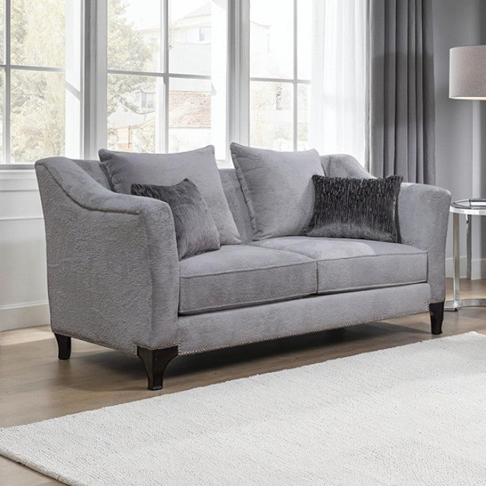 SM2294LG 2 pc Gosen light grey fabric sofa and love seat set flared arms nail head trim