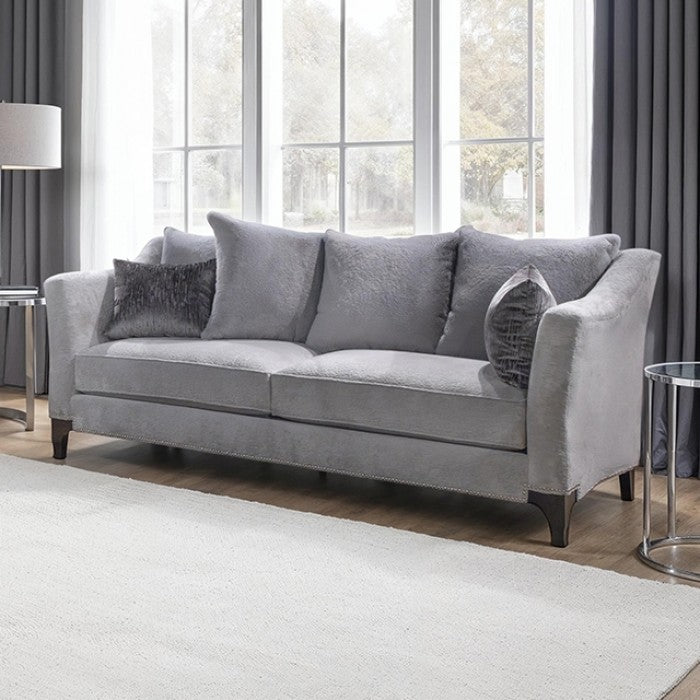 SM2294LG 2 pc Gosen light grey fabric sofa and love seat set flared arms nail head trim