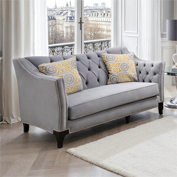 SM2296GY 2 pc Wilmette grey fabric sofa and love seat set tufted backs nail head trim accents