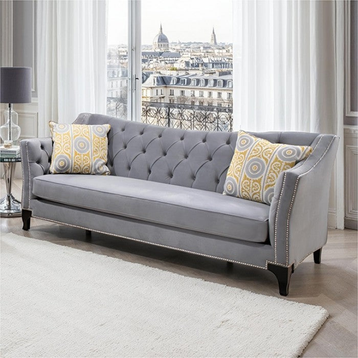 SM2296GY 2 pc Wilmette grey fabric sofa and love seat set tufted backs nail head trim accents