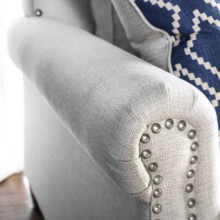 SM2672 2 pc Giovanni beige linen like fabric sofa and love seat set nail head trim