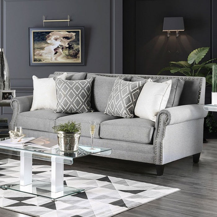 SM2673 2 pc Giovanni light gray linen like fabric sofa and love seat set nail head trim