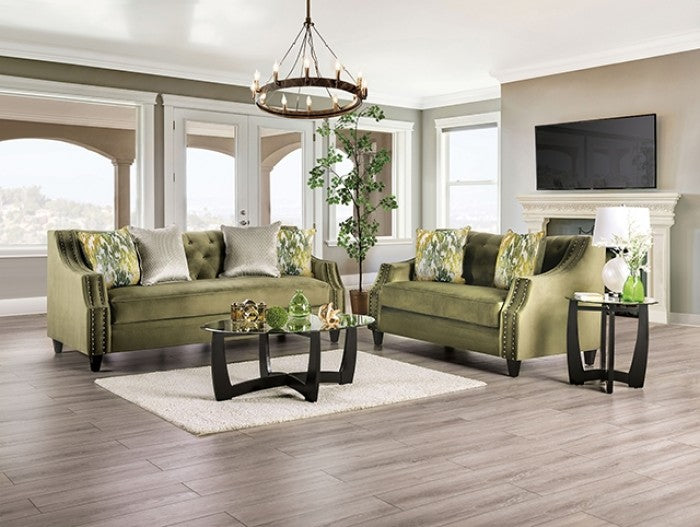 SM2684 2 pc Kaye green chenille fabric sofa and love seat set nail head trim curved back arms