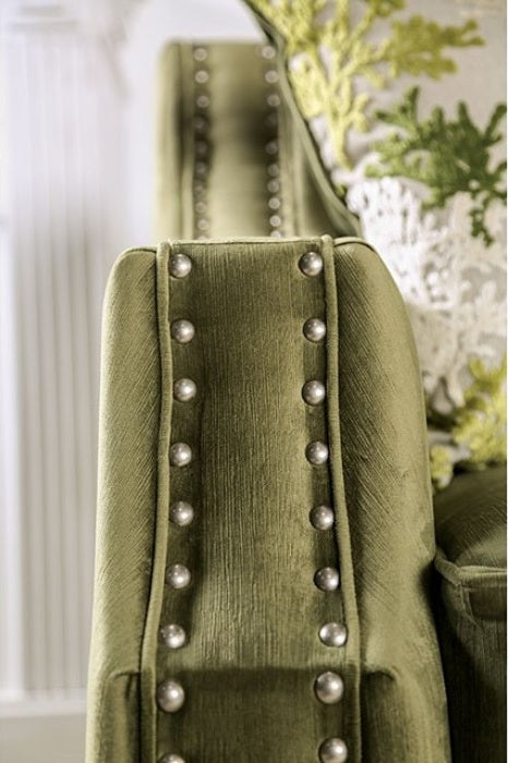 SM2684 2 pc Kaye green chenille fabric sofa and love seat set nail head trim curved back arms