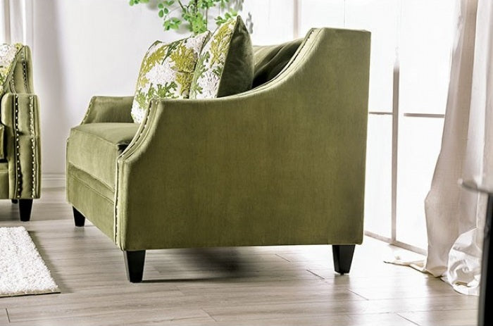 SM2684 2 pc Kaye green chenille fabric sofa and love seat set nail head trim curved back arms