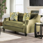 SM2684 2 pc Kaye green chenille fabric sofa and love seat set nail head trim curved back arms