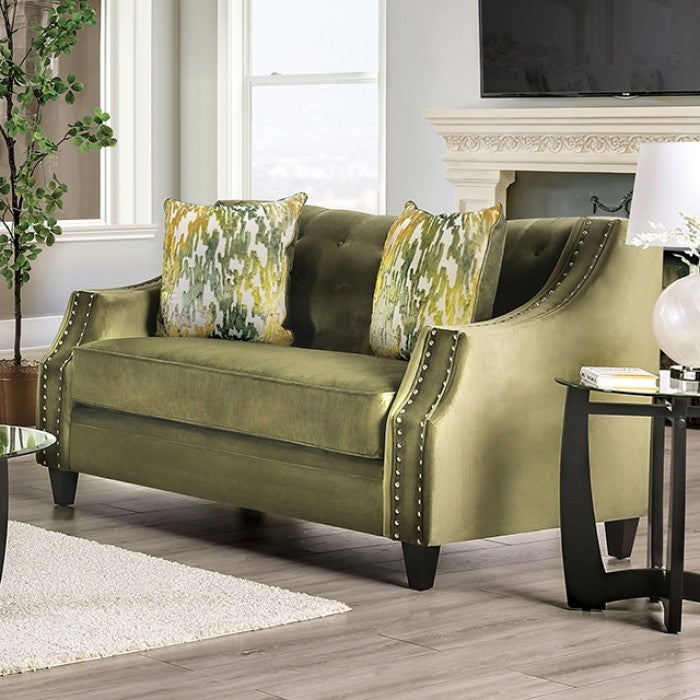SM2684 2 pc Kaye green chenille fabric sofa and love seat set nail head trim curved back arms
