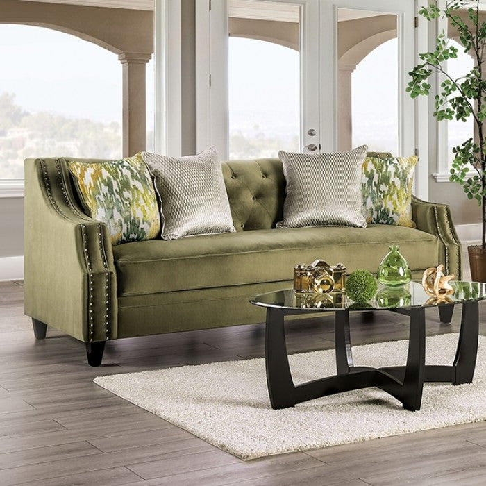 SM2684 2 pc Kaye green chenille fabric sofa and love seat set nail head trim curved back arms