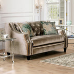 SM2685 2 pc Elicia champagne chenille fabric sofa and love seat set nail head trim curved back arms