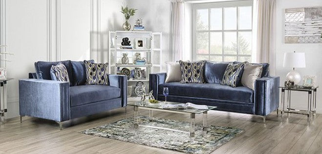 SM2687 2 pc Rosdorf park myra jodie satin blue plush microfiber fabric sofa and love seat set