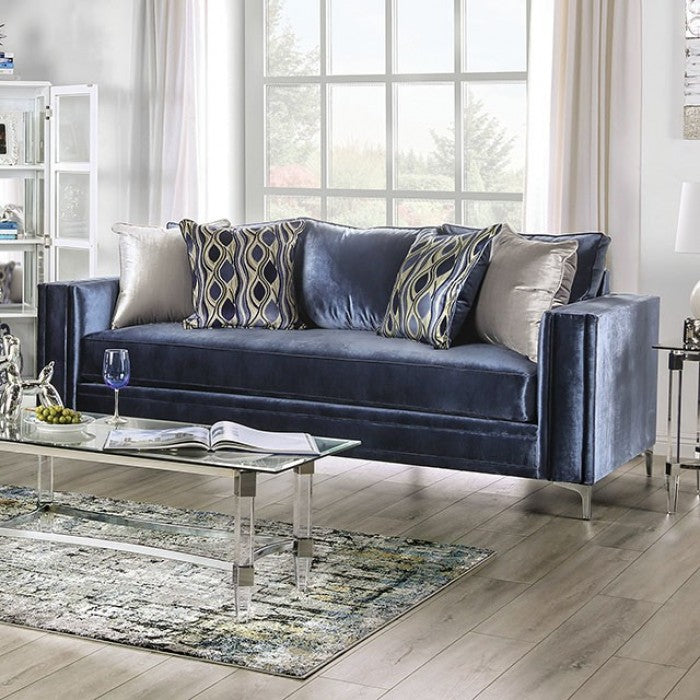 SM2687 2 pc Rosdorf park myra jodie satin blue plush microfiber fabric sofa and love seat set