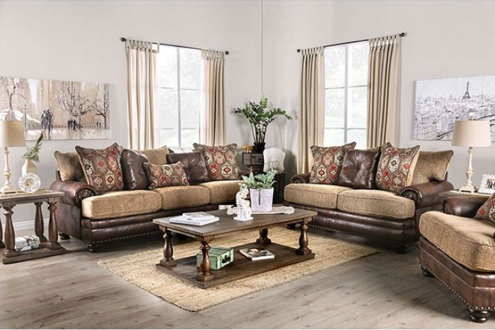 SM5148 2 pc Red barrel studio rumi reyna brown leatherette and chenille sofa and love seat set