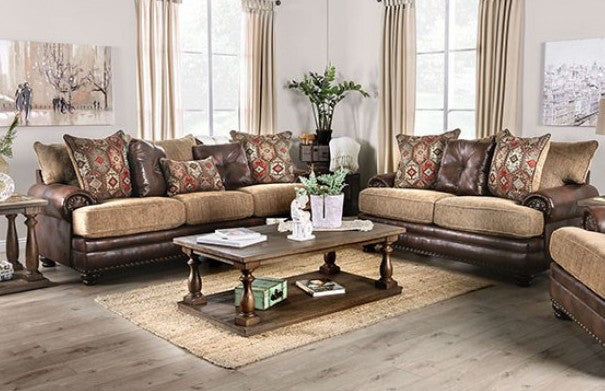 SM5148 2 pc Red barrel studio rumi reyna brown leatherette and chenille sofa and love seat set