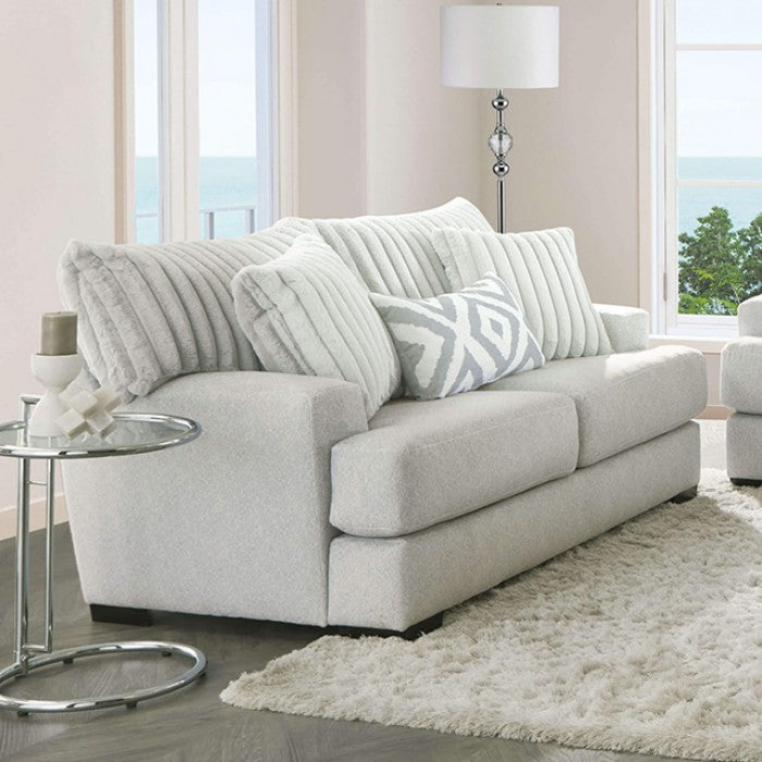 SM5177  2 pc Hermilly grey chenille fabric sofa and love seat set channeled fur throw pillows
