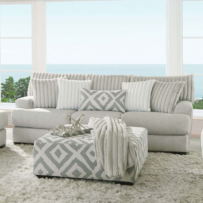 SM5177  2 pc Hermilly grey chenille fabric sofa and love seat set channeled fur throw pillows