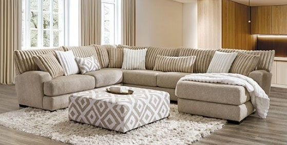 SM5194 3 pc Lougton light brown chenille fabric channel padded backs sectional sofa with chaise