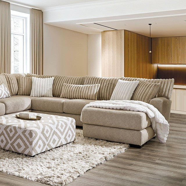 SM5194 3 pc Lougton light brown chenille fabric channel padded backs sectional sofa with chaise