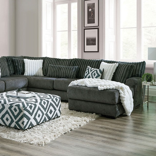 SM5196 3 pc Loughton gun metal chenille fabric channel padded backs sectional sofa with chaise