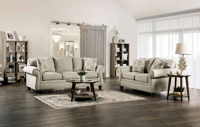 SM5411 2 pc Rosdorf park awaya cream linen like fabric sofa and love seat set with rounded arms and bun feet