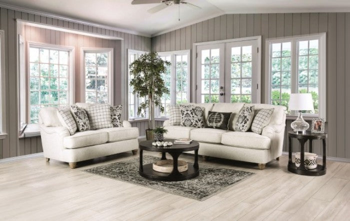SM6090 2 pc Mossley ivory woven fabric sofa and love seat set english pleated arms and wooden bun feet