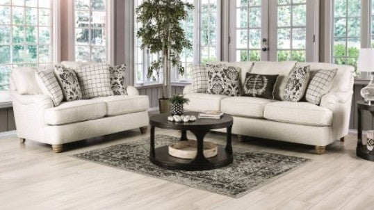 SM6090 2 pc Mossley ivory woven fabric sofa and love seat set english pleated arms and wooden bun feet