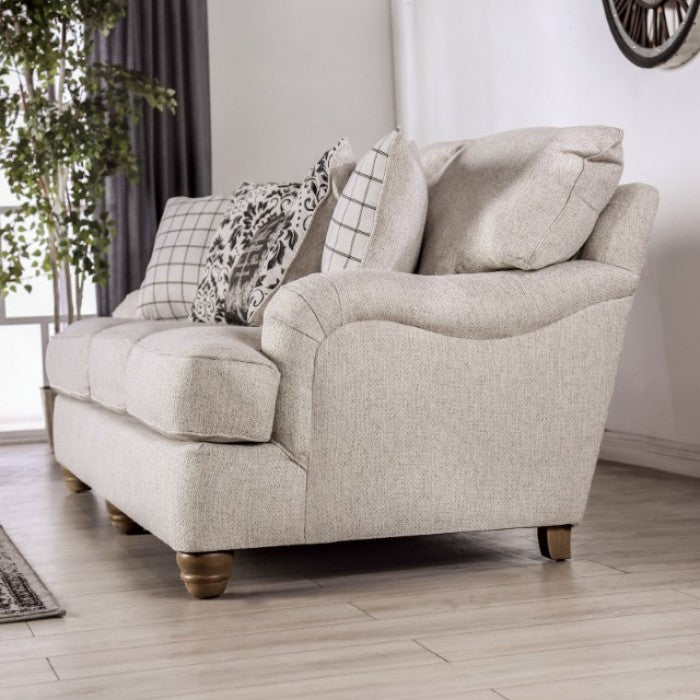 SM6090 2 pc Mossley ivory woven fabric sofa and love seat set english pleated arms and wooden bun feet