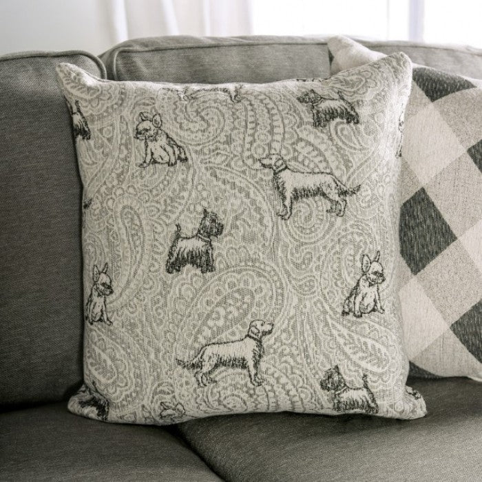 SM6091 2 pc Newry grey performance woven fabric sofa and love seat set wide track arms dog themed throw pillows