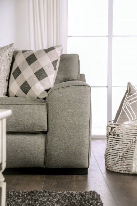 SM6091 2 pc Newry grey performance woven fabric sofa and love seat set wide track arms dog themed throw pillows