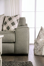 SM6091 2 pc Newry grey performance woven fabric sofa and love seat set wide track arms dog themed throw pillows