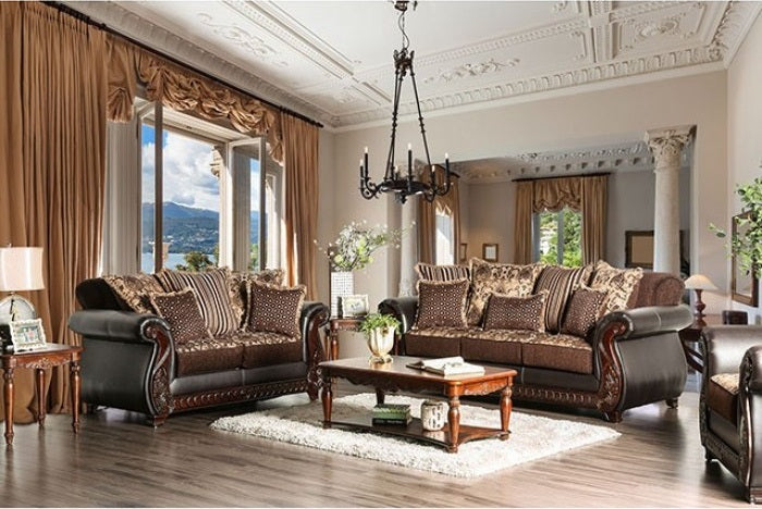 SM6106N 2 pc Franklin dark brown leatherette dark cherry wood trim traditional sofa and love seat set