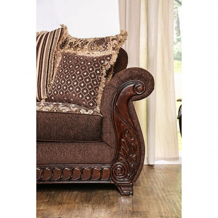 SM6109 2 pc Tabitha brown and gold fabric cherry wood trim traditional sofa and love seat set