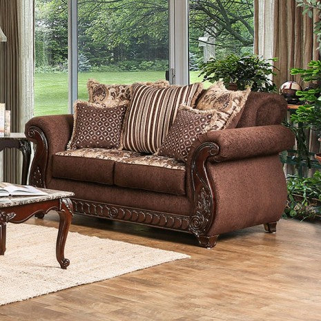 SM6109 2 pc Tabitha brown and gold fabric cherry wood trim traditional sofa and love seat set