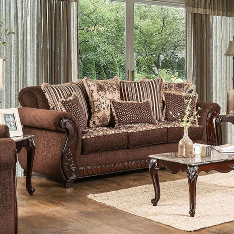 SM6109 2 pc Tabitha brown and gold fabric cherry wood trim traditional sofa and love seat set