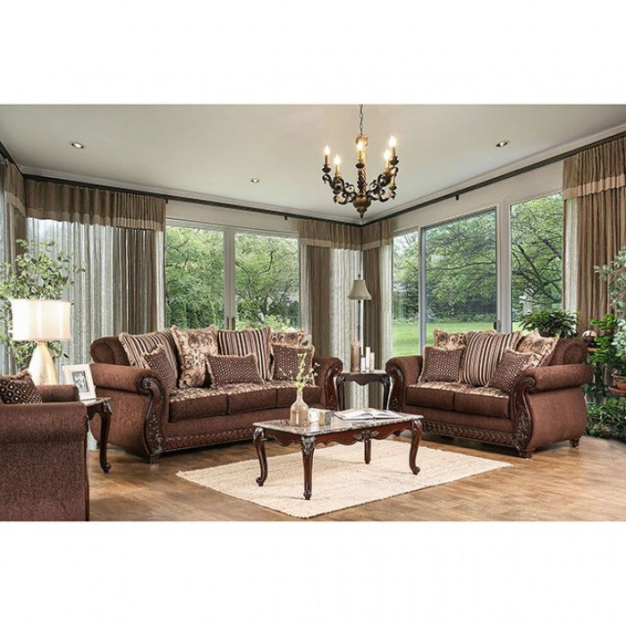 SM6109 2 pc Tabitha brown and gold fabric cherry wood trim traditional sofa and love seat set