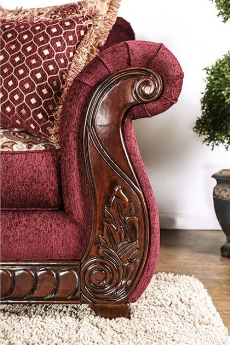 SM6110 2 pc Tabitha wine chenille dark cherry wood trim traditional sofa and love seat set