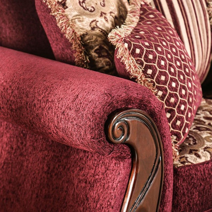 SM6110 2 pc Tabitha wine chenille dark cherry wood trim traditional sofa and love seat set