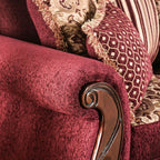 SM6110 2 pc Tabitha wine chenille dark cherry wood trim traditional sofa and love seat set