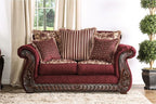 SM6110 2 pc Tabitha wine chenille dark cherry wood trim traditional sofa and love seat set