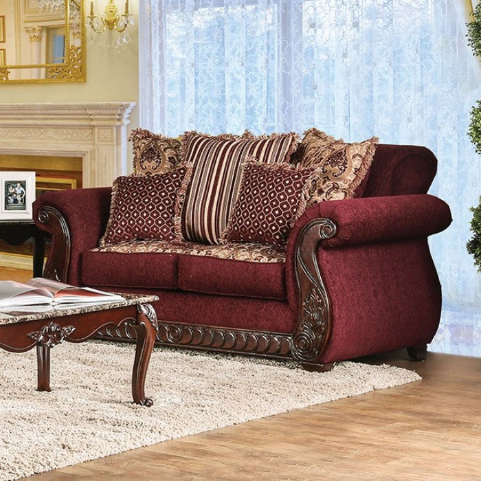 SM6110 2 pc Tabitha wine chenille dark cherry wood trim traditional sofa and love seat set