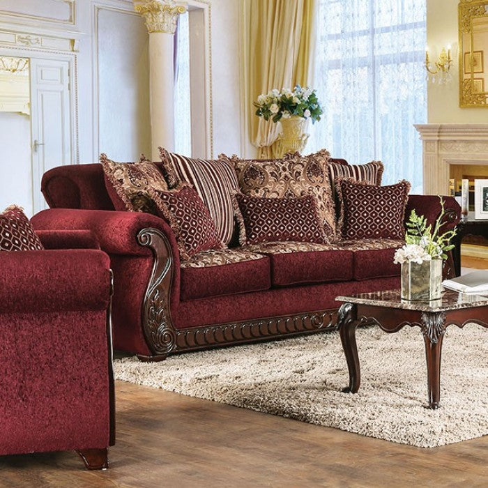 SM6110 2 pc Tabitha wine chenille dark cherry wood trim traditional sofa and love seat set