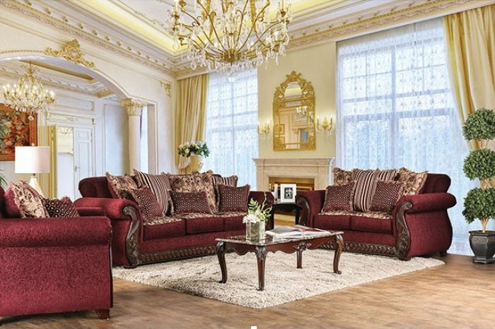 SM6110 2 pc Tabitha wine chenille dark cherry wood trim traditional sofa and love seat set