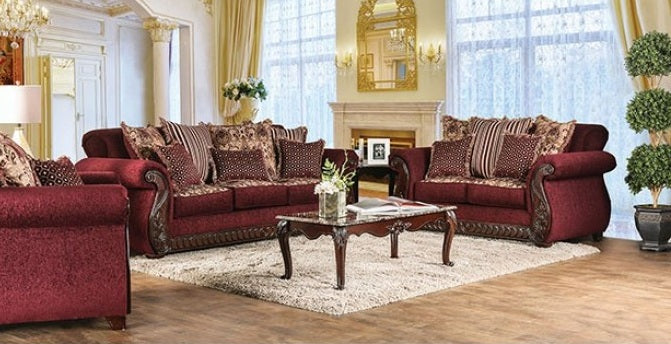 SM6110 2 pc Tabitha wine chenille dark cherry wood trim traditional sofa and love seat set
