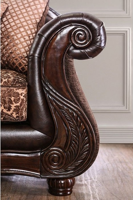 SM6404 2 pc elpis brown fabric traditional sofa and love seat set with dark cherry wood trim