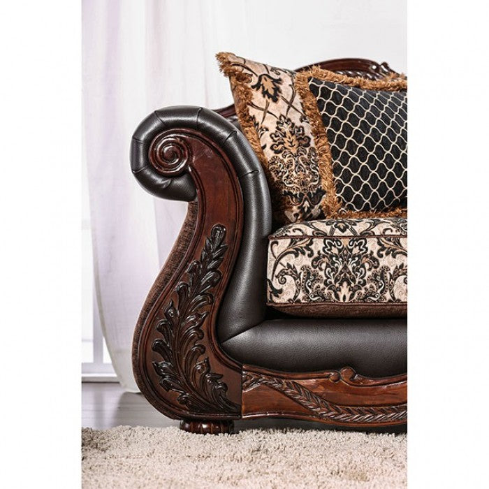 SM6405 2 pc Jamael tan/brown/silver fabric wood trim traditional sofa and love seat set