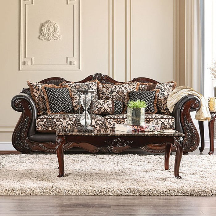 SM6405 2 pc Jamael tan/brown/silver fabric wood trim traditional sofa and love seat set