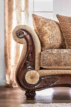 SM6407 2 pc Nicanor gold & bronze chenille fabric traditional sofa and love seat set with wood trim Astoria grand dolph