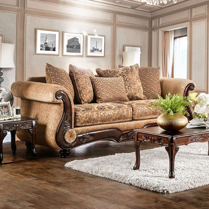 SM6407 2 pc Nicanor gold & bronze chenille fabric traditional sofa and love seat set with wood trim Astoria grand dolph