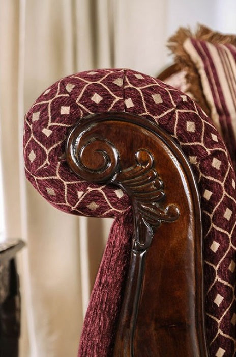 SM6415 2 pc Quirino burgundy dark brown traditional sofa and love seat set with carved wood accents