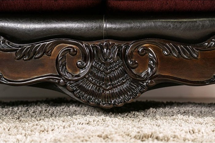 SM6415 2 pc Quirino burgundy dark brown traditional sofa and love seat set with carved wood accents